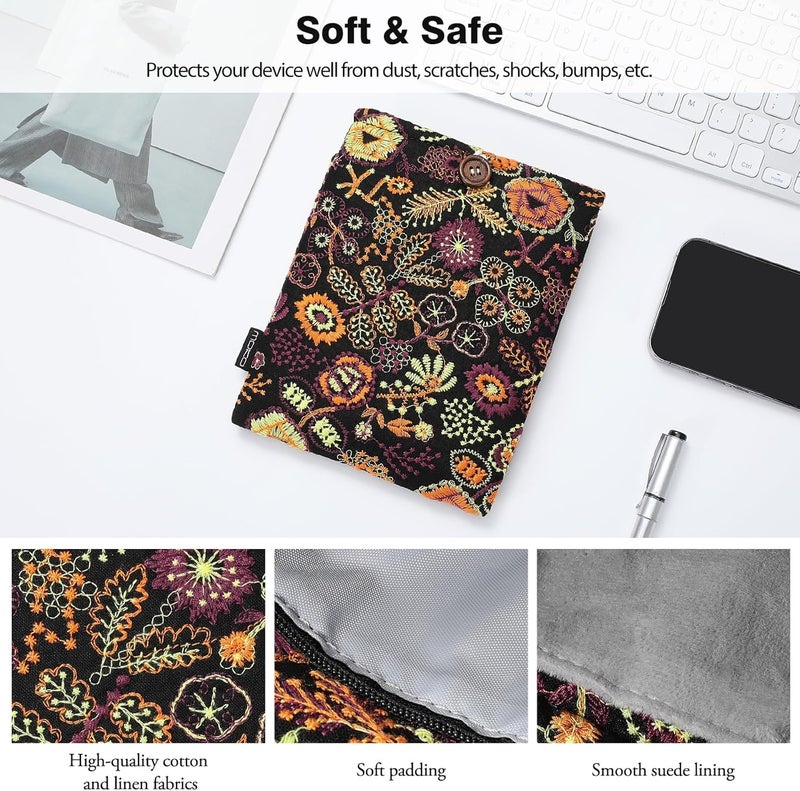 MoKo حقيبة كم مبطنة مزخرفة بزهور الأقحوان مقاس 6-7 بوصة لجهاز كيندل 7 بوصة إصدار Colorsoft Signature 2024، كيندل Paperwhite/الأطفال 6.8/6 بوصة، فاير 7 2022، Voyage/Kobo eReader، زهور صفراء سوداء - Image 3